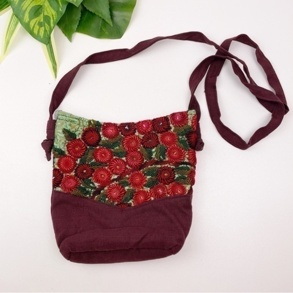 Altiplano Boho Embroidered Crossbody Bag Floral Canvas Purse Burgundy Red Green